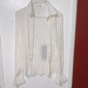 Textured Pleated Button-Down Blouse in Ivory